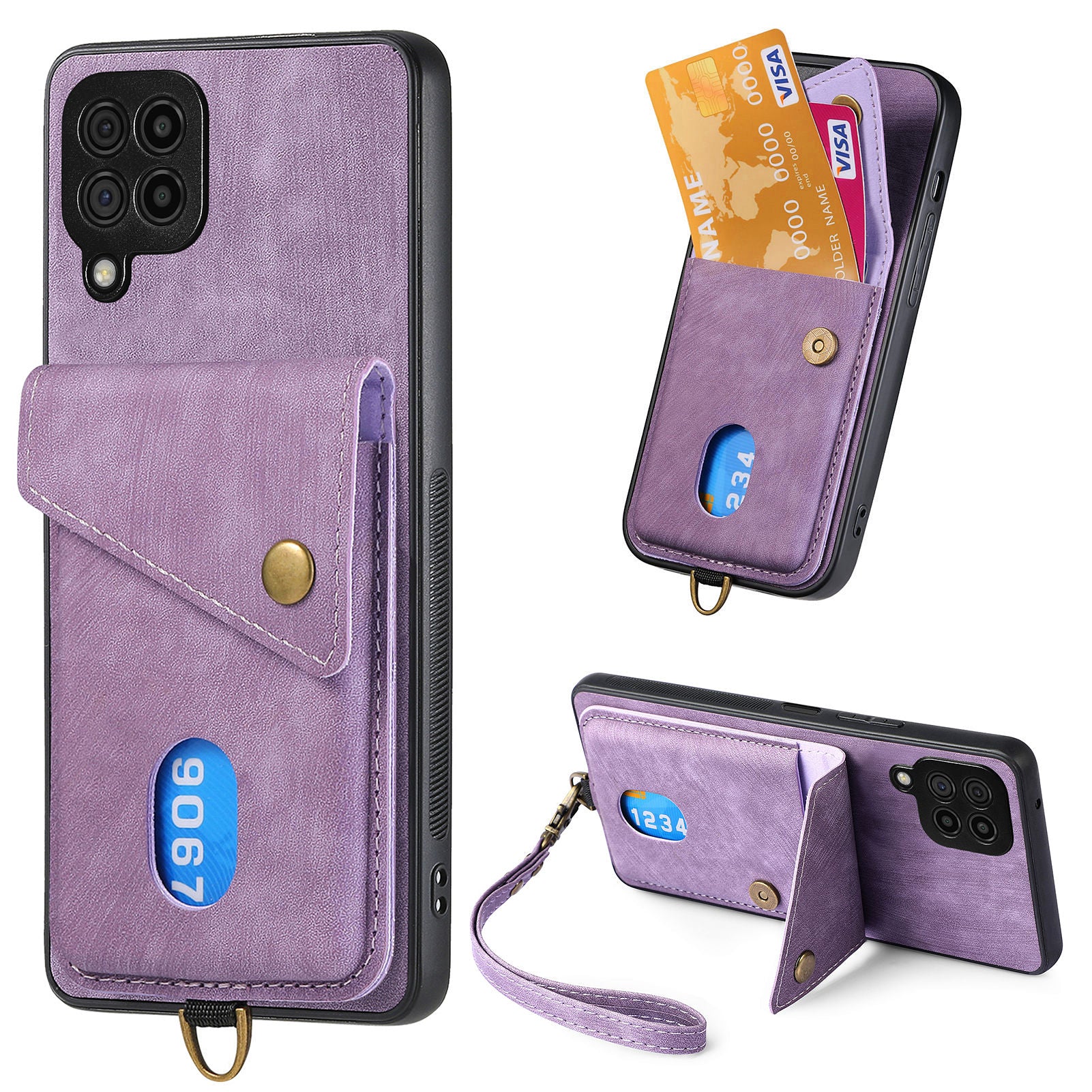 For Samsung Galaxy A22 4G (EU Version) Kickstand Case Leather Coated PC TPU Phone Cover with Card Holder For Samsung Galaxy A22 4G (EU Version) Kickstand Case Leather Coated PC TPU Phone Cover with Card Holder